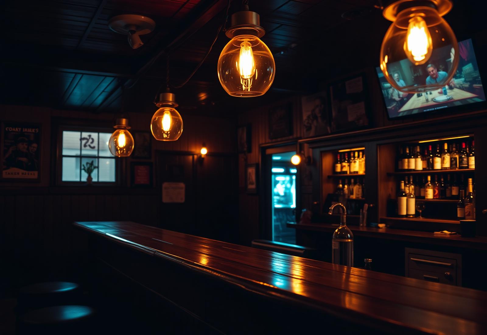 The bar at Dorko's Cafe at dusk